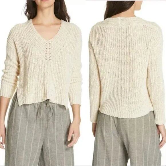 Eileen Fisher Organic Cotton Crochet Linen Tape Box V-Neck Pullover Sweater Ecru - Picture 8 of 8